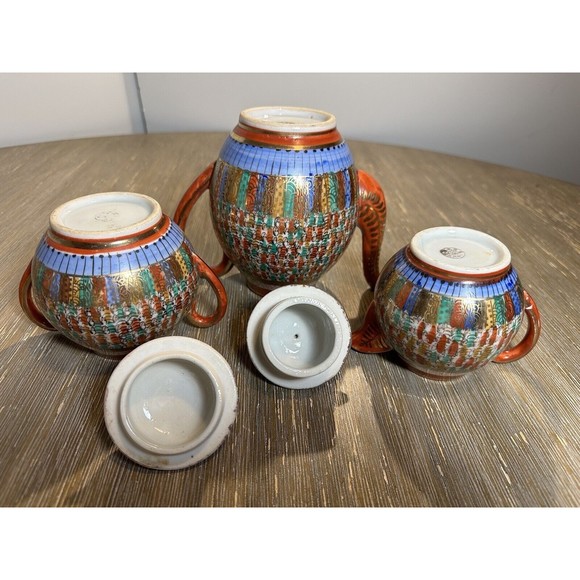 Antique Thousand Faces Kutani Hand-Painted Japanese Teapot, Sugar & Creamer Set - Picture 11 of 12